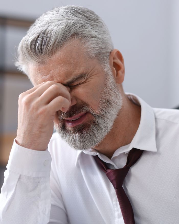 Homem cansado, com a mão no rosto